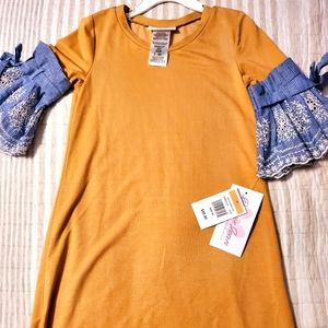 Mustard Dress with Ruffle Blue Sleeves